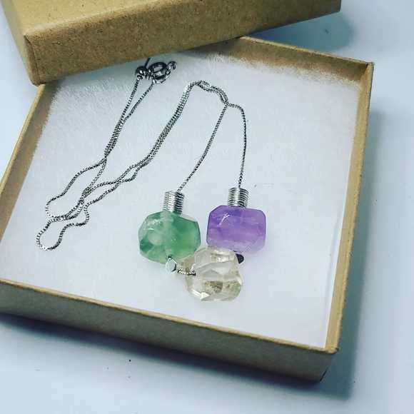 Faceted Amethyst, Smokey Quartz and Prehnite Stainless Steel chain necklace - Picture 4 of 4